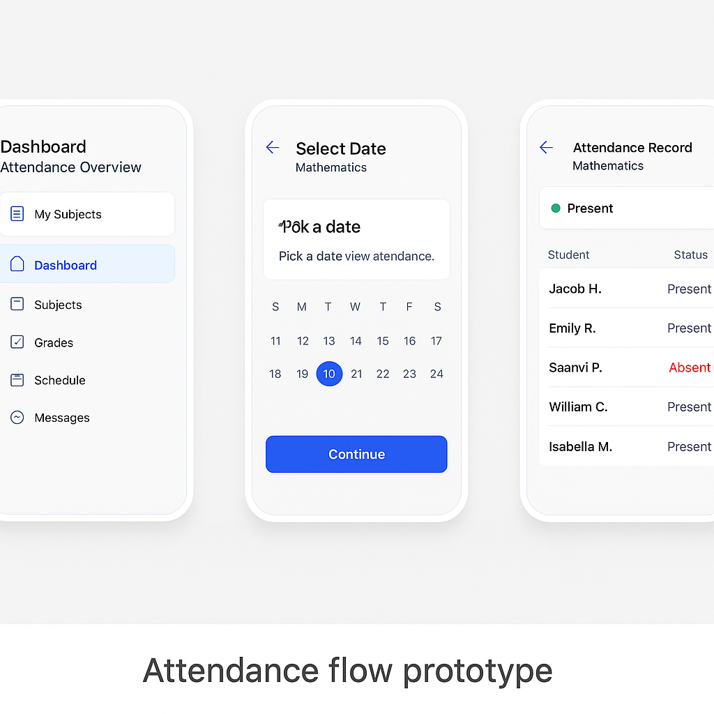 Prototype screens of attendance flow